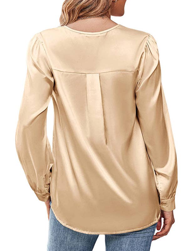 StyleGalX - Wholesale Blouse - Women's - Loose Pleated Solid Color V-Neck Blouses&Shirts Tops5