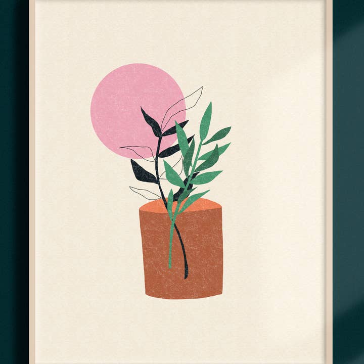 Stampa artistica con sole rosa con piante in vaso per la vendita all'ingrosso da parte di Black Lab Studio