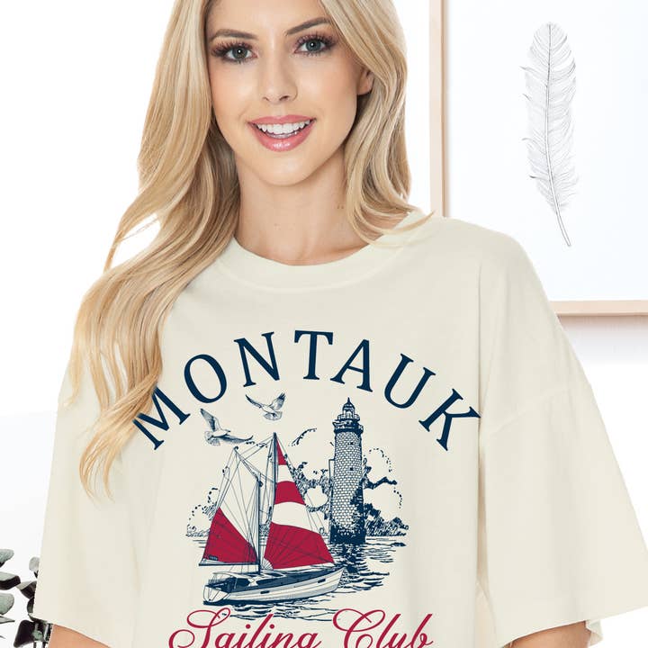 Women Montauk Graphic Print Short Sleeve Crop Top for wholesale by Amused by Blue