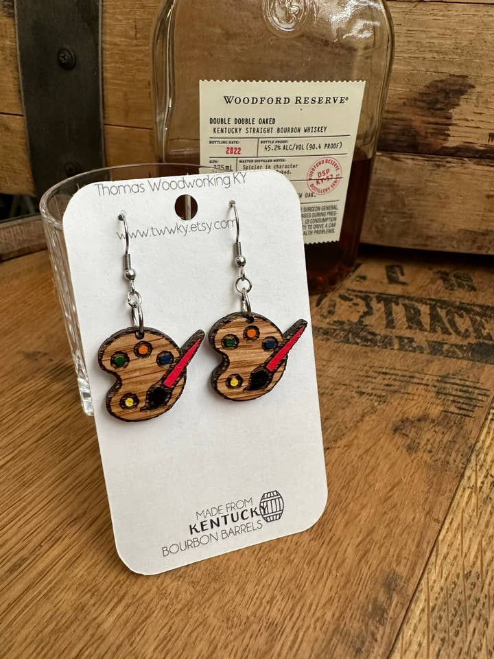 Art Palette Earrings from Reclaimed Bourbon Barrels for wholesale by TWWKY