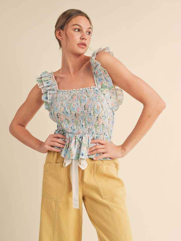 FLORAL FLUTTER SLEEVE SMOCKED TOP MTP2972 for wholesale by &MERCI