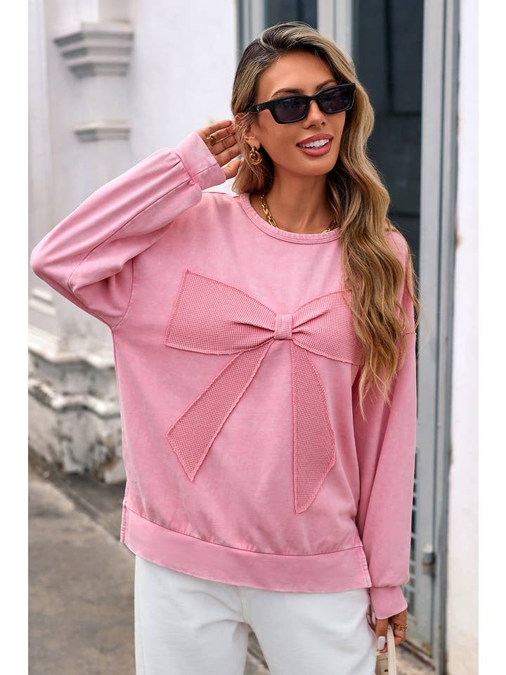 Little Daisy Closet - Wholesale Sweatshirt - Women's - LDC Mineral Wash Bow Patchwork Pullover Sweatshirt| S-4X3