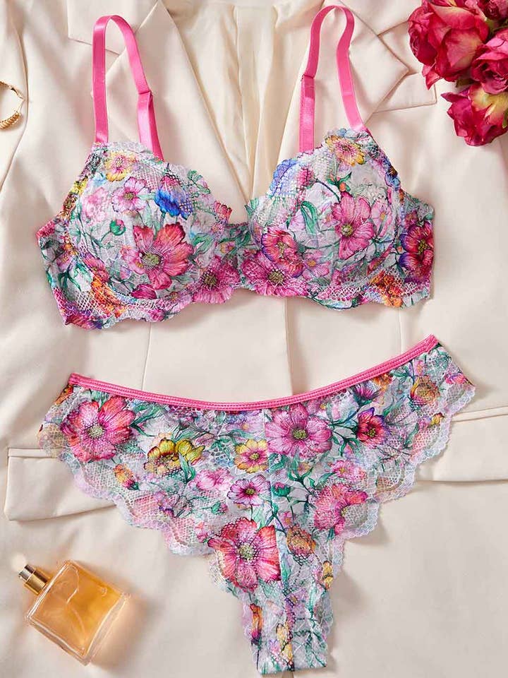 Ladies Sexy Eyelet Mesh Floral Bra Thong Lingerie Set for wholesale by Sweetkama