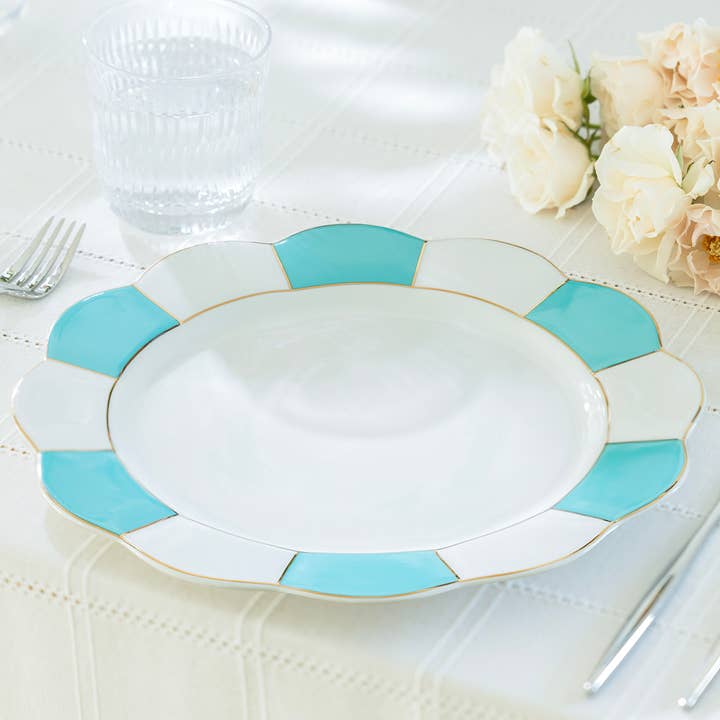 Turquoise Gold Scallop 11" Fine Porcelain Dinner Plate for wholesale by Grace Teaware