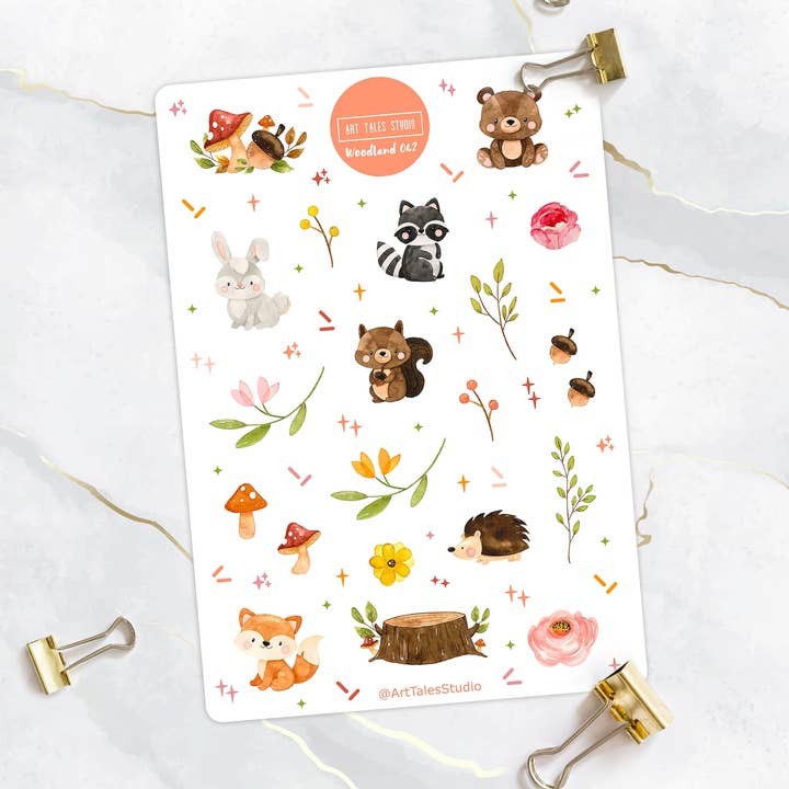 Woodland Sticker Sheet, Woodland Stickers, Planer-Aufkleber, Bullet Journal Aufkleber, Waldtiere, Fuchs, Bär, Kaninchen, Igel, Pilze für den Großhandel von Art Tales Studio