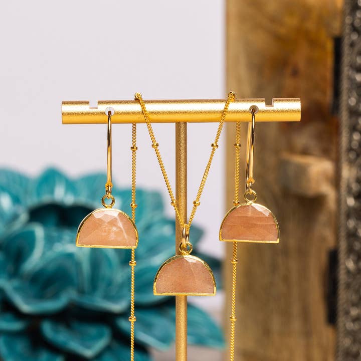 Gold Filled Half Moon Peach Moonstone Necklace & Earrings SET for wholesale by Soul & Little Rose