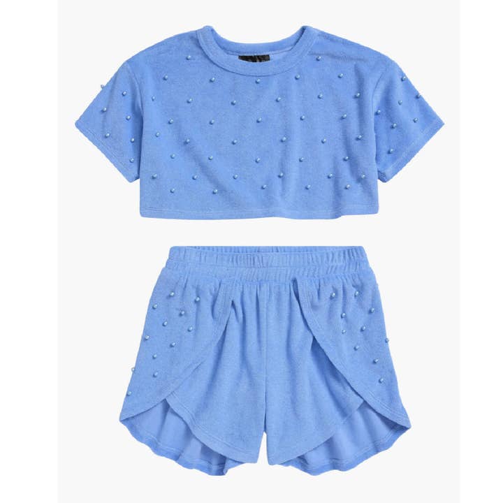 Blue Tween Faux Pearl Cover-Up Crop Top & Shorts Set for wholesale on Faire