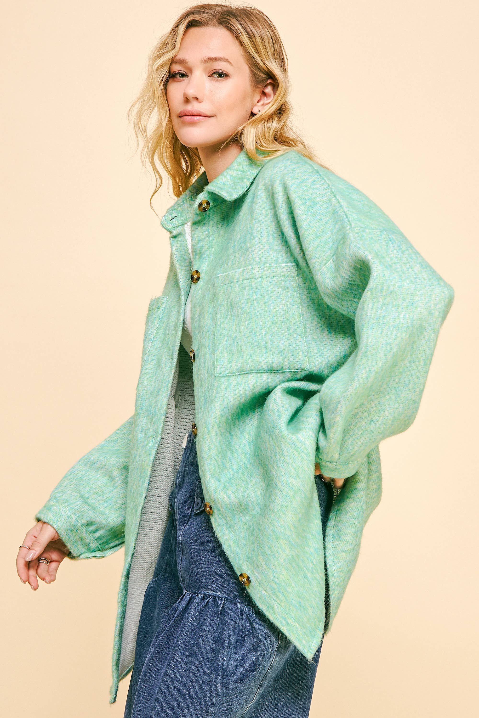 MINT GREEN PLUS FUZZY TEXTURED CHEST POCKET BUTTON UP JACKET for wholesale on Faire6