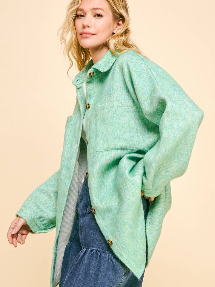 MINT GREEN PLUS FUZZY TEXTURED CHEST POCKET BUTTON UP JACKET for wholesale on Faire6