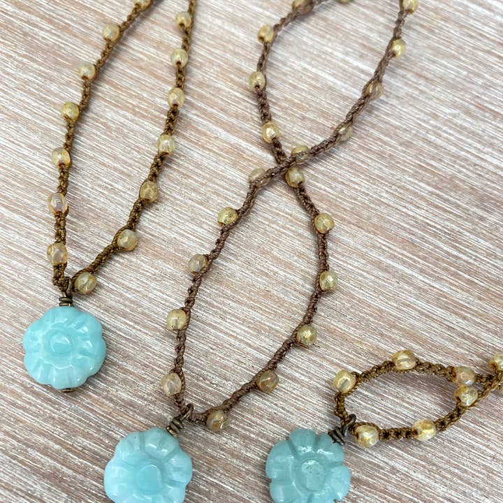 Twist Style - Wholesale Pendant/Charm Necklace - Carved Stone Amazonite Flower On Crocheted Crystal Strand