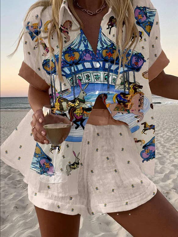 Rosa Clothing - Wholesale Top & Short Set (NOT Loungewear) - Women's - Barcelona unique vacation print shirt & shorts resort set