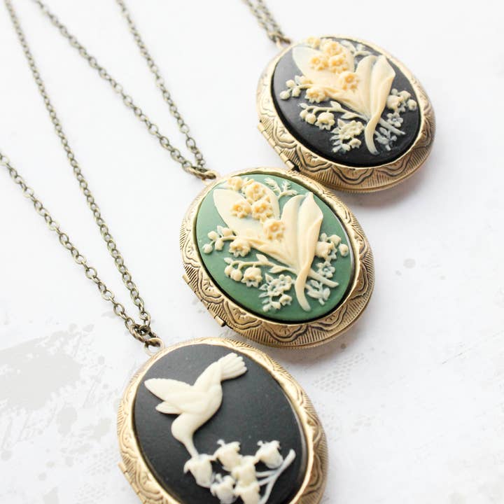 A Pocket of Posies - Wholesale Locket Necklace - Lily of the Valley Locket | Green Cameo Necklace2