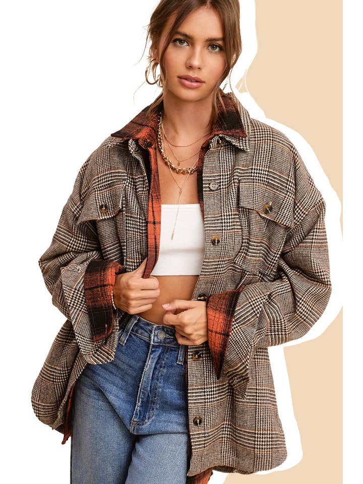 La Miel - Wholesale Shirt Jacket/Shacket - Women’s - JKT1801-Classic Button Down Plaid Shacket with Side Pockets1