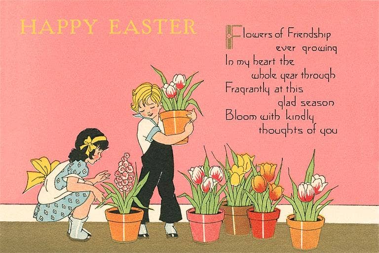 Found Image Press - Vente Autocollant - Autocollant EA-213 Joyeuses Pâques, Enfants avec des Pots de Fleurs0