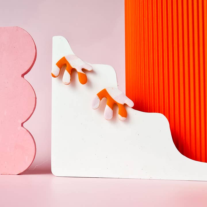 Mono - Vendita all'ingrosso Orecchini pendenti - Orecchini fatti a mano in argilla polimerica a forma organica arancione e rosa.7