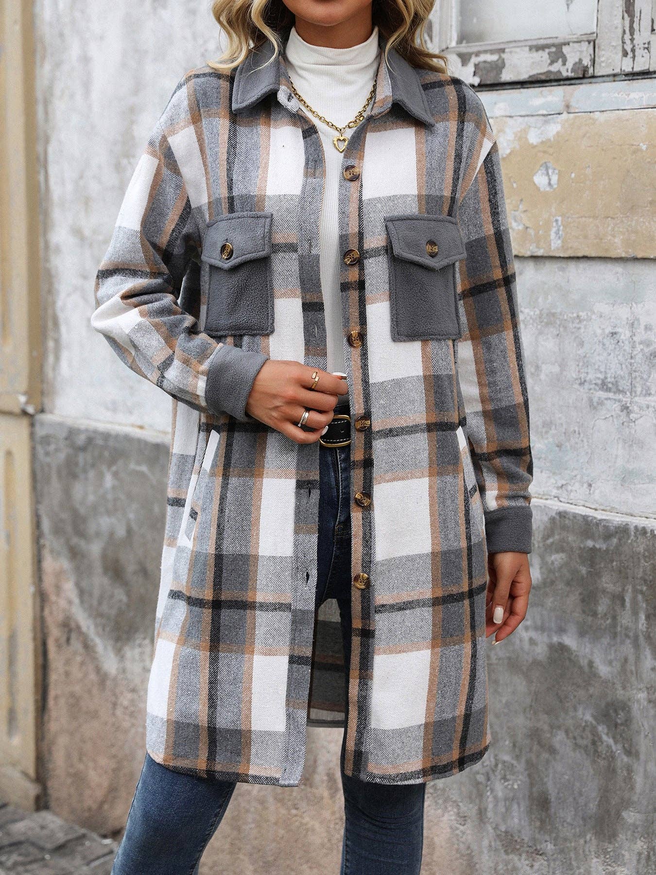 Suhkasana - Wholesale Shirt Jacket/Shacket - Women's - Plaid Shirt Jacket for Women - Long Button Front Coat13