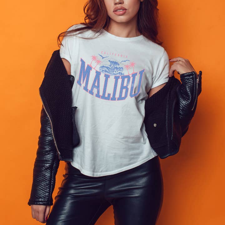 Malibu California - Seagull Birds Wave Palmtree T-Shirt for wholesale by Achitopia