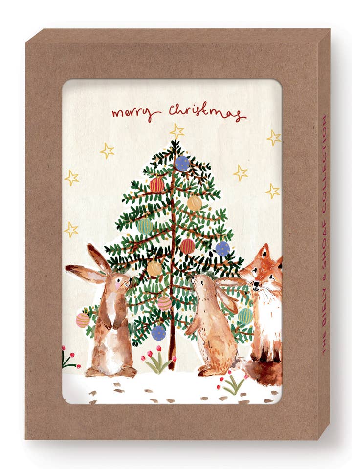 Bunnies & Fox Christmas Tree Boxed Holiday Cards - Set of 10 for wholesale by Biely & Shoaf