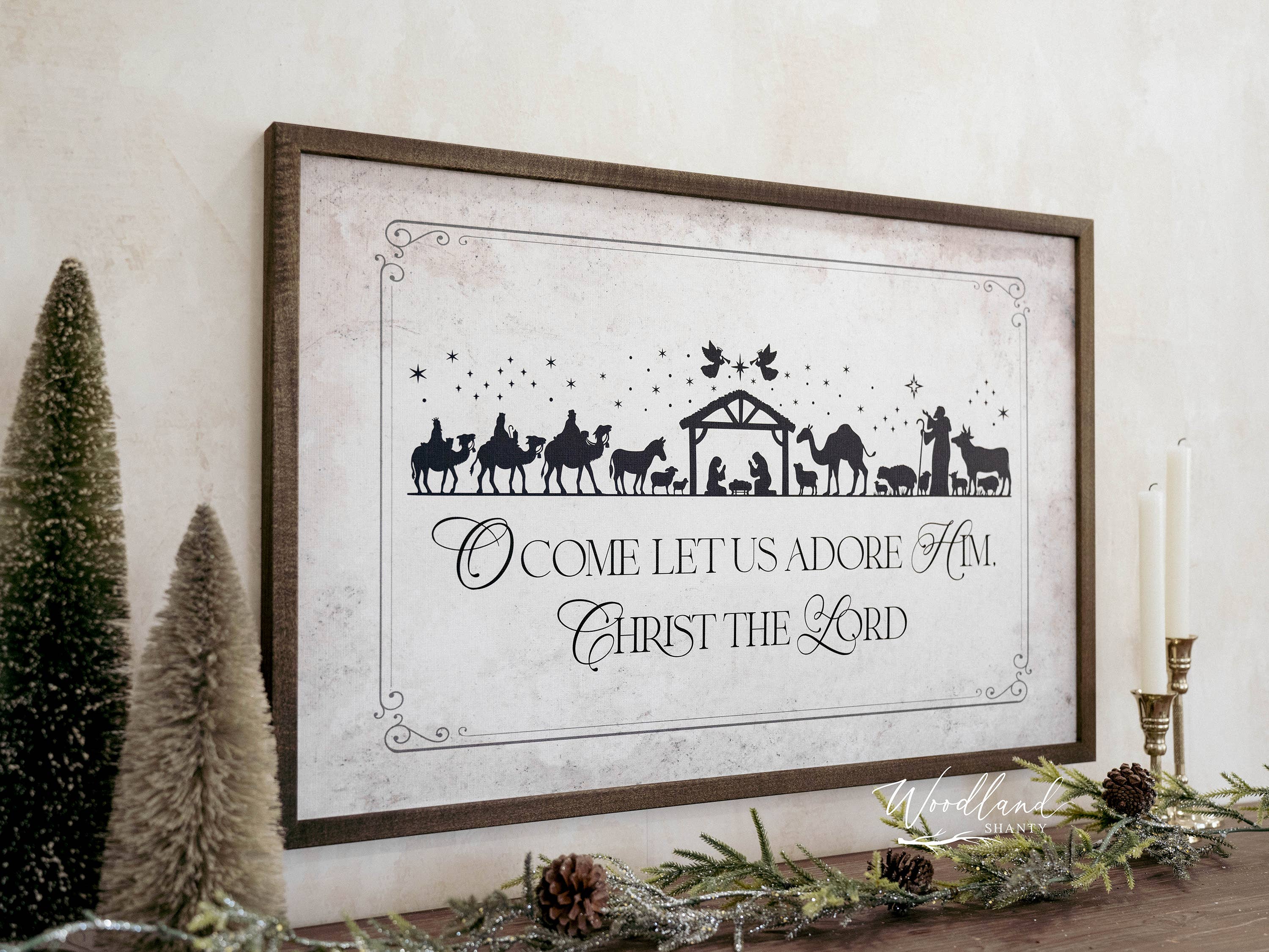 Woodland Shanty - Wholesale Christmas Wall Art - O Come Let Us Adore Him Framed Nativity Christmas Sign1
