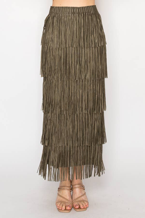 OLIVE Layered Fringe Tiered Maxi Skirt - 4794OLIVE for wholesale on Faire0