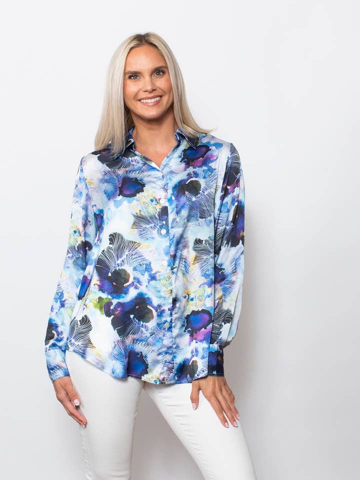 Printed Charmeuse - Button Shirt with Cuff & Tab Sleeves for wholesale by SnoSkins