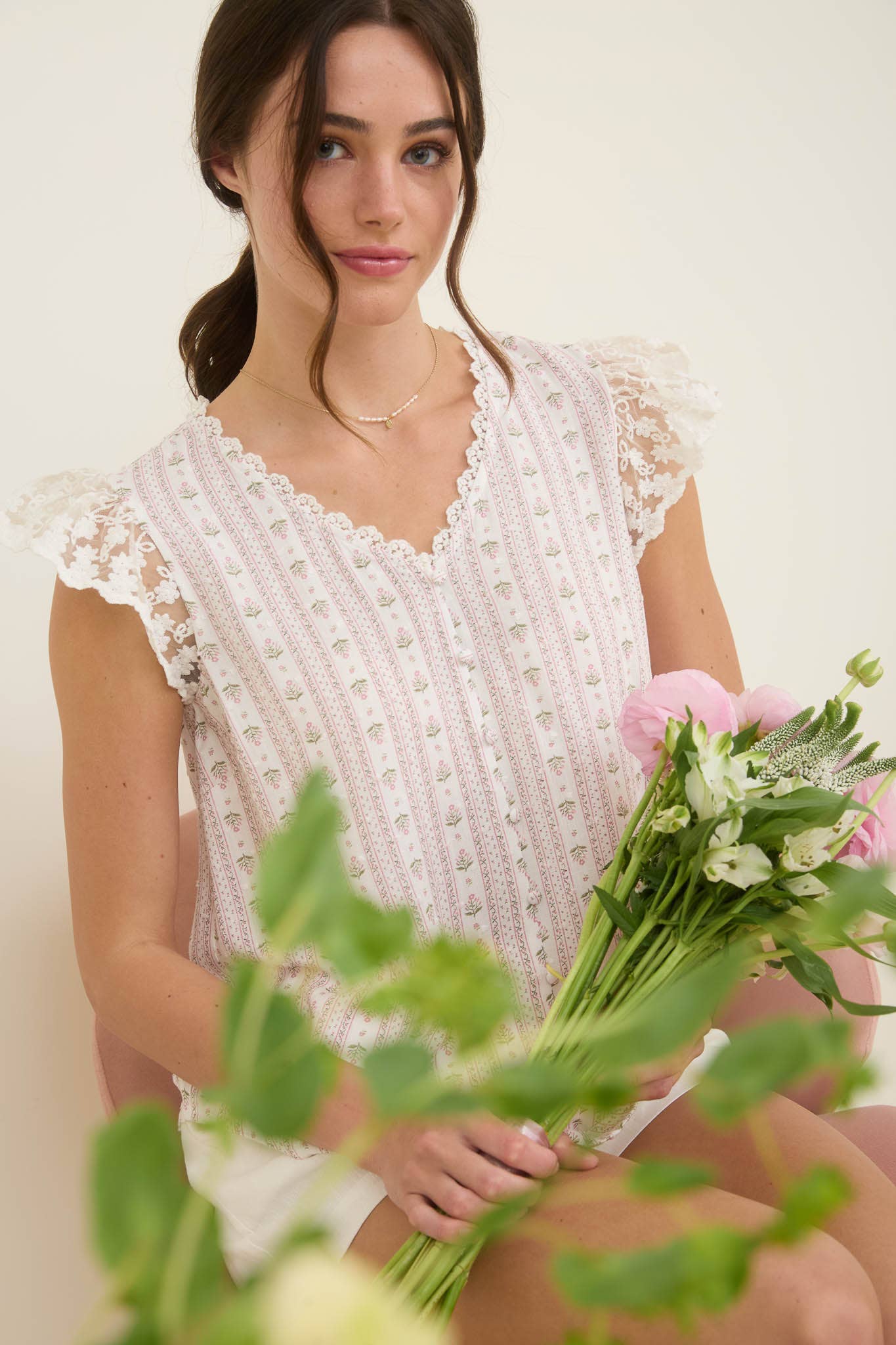 Blu Pepper - Wholesale Blouse - Women's - STRIPE FLORAL V NECK LACE TRIM BUTTON DOWN BLOUSE 4