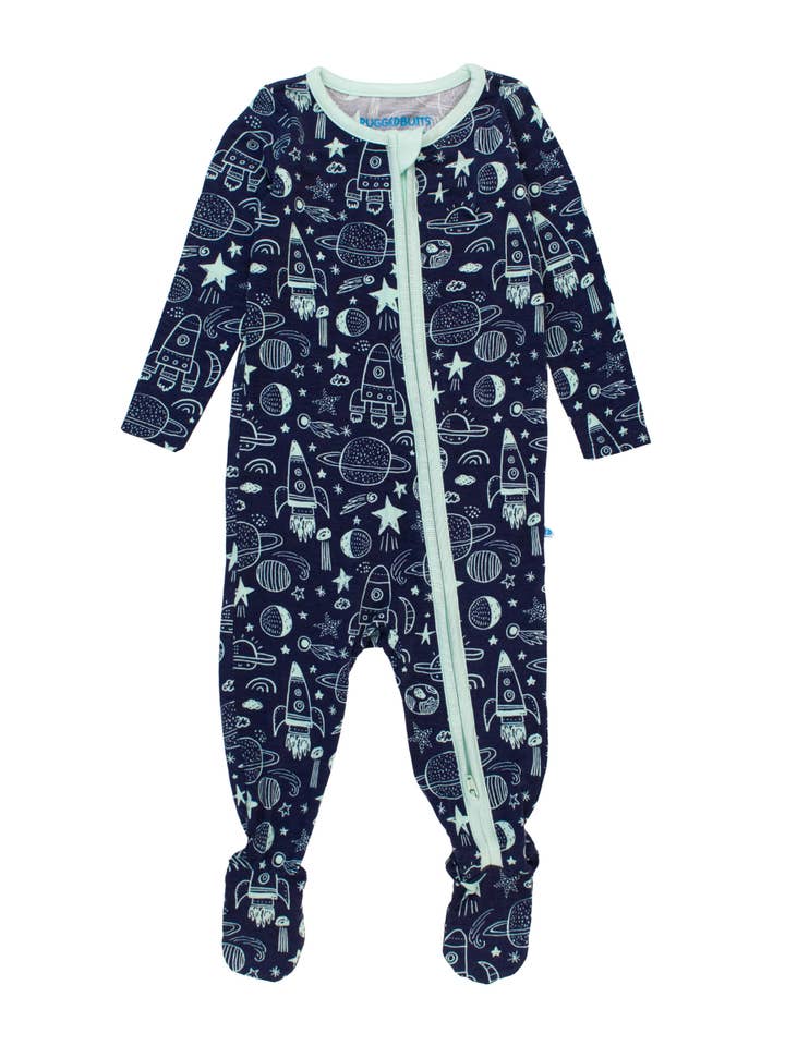 Navy Baby Boys Blast Off Bamboo Viscose Footed One Piece Pajama for wholesale on Faire