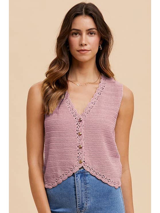 Vanilla Monkey - Vente Haut en maille – femme - Gilet en maille avec boutons et bordure en crochet2
