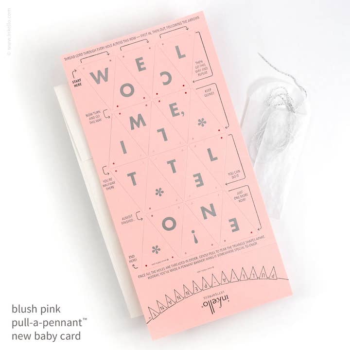 Welcome, Little One Pull-A-Pennant™ Greeting Card (#513) for wholesale by Inkello Letterpress