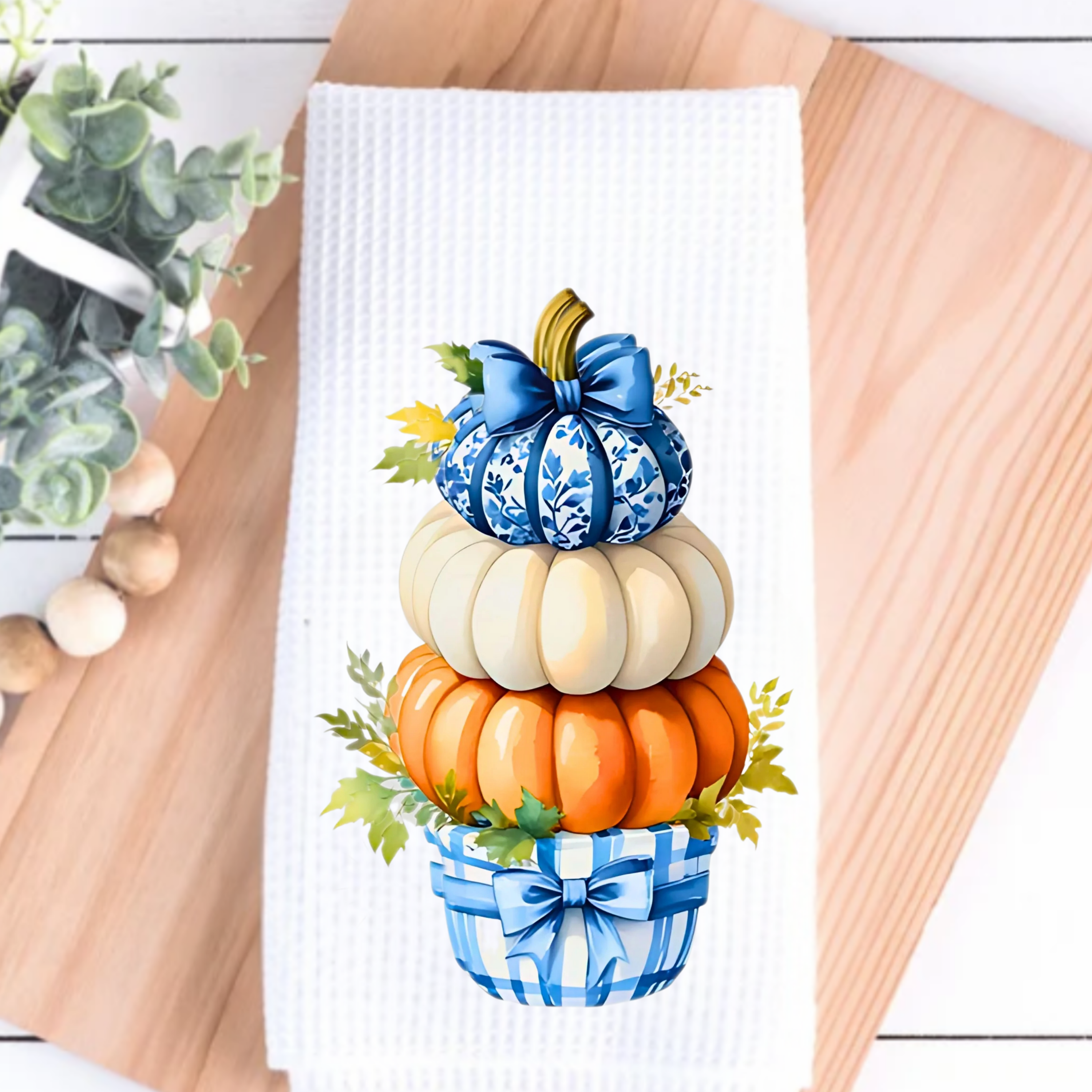 Cottage & Club - Vente Torchons - Topiaire de citrouille en porcelaine bleue0