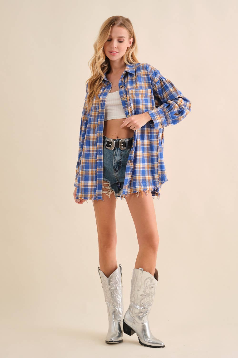 Blue B - Wholesale Button Down Shirt - Women's - 32481T - Cowboy Boots Graphic Back Plaid Oversized Shirt7
