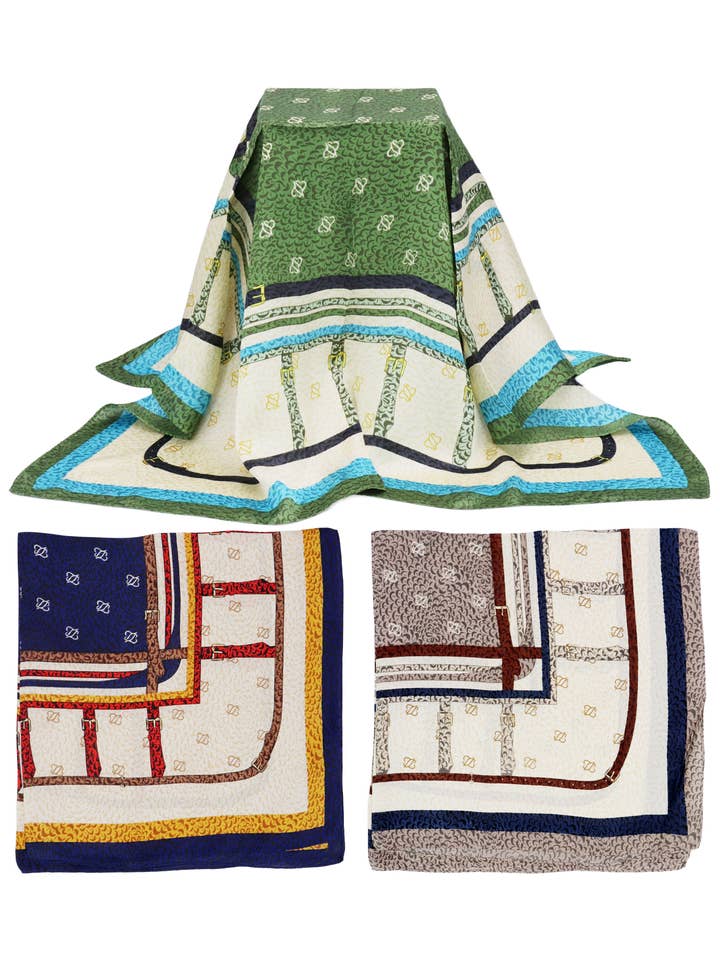 Abstract Buckle Belt Semi-Sheer Faux Silk Square Scarf for wholesale by Cap Zone