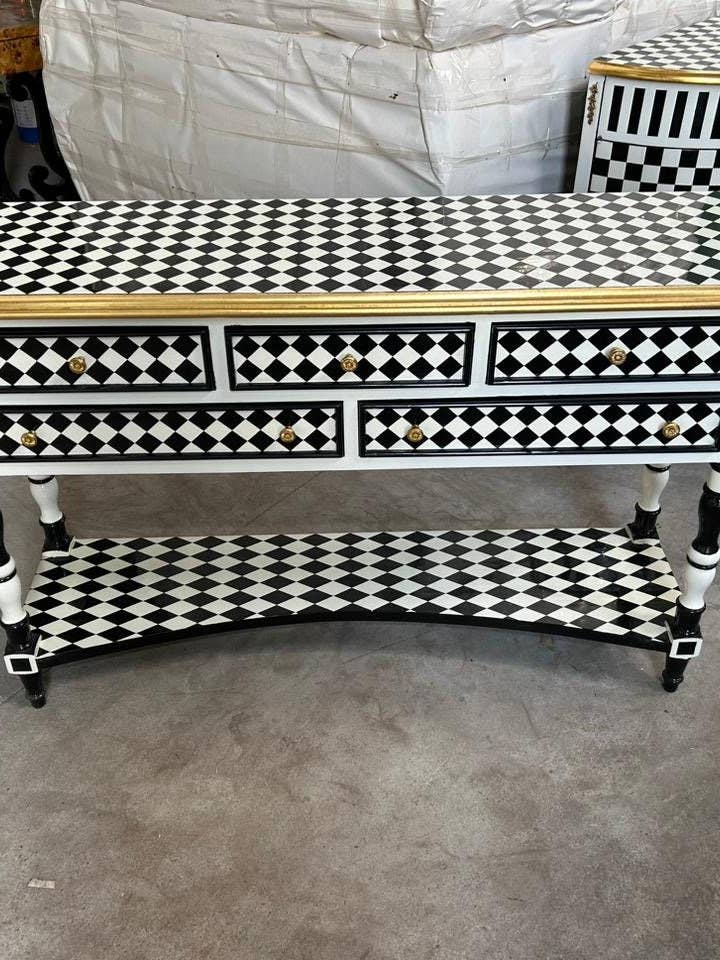 Handmade Louis XV Checkered Console Table: Black, White & Gold 5-Drawer Design for wholesale by MALuxury Furniture