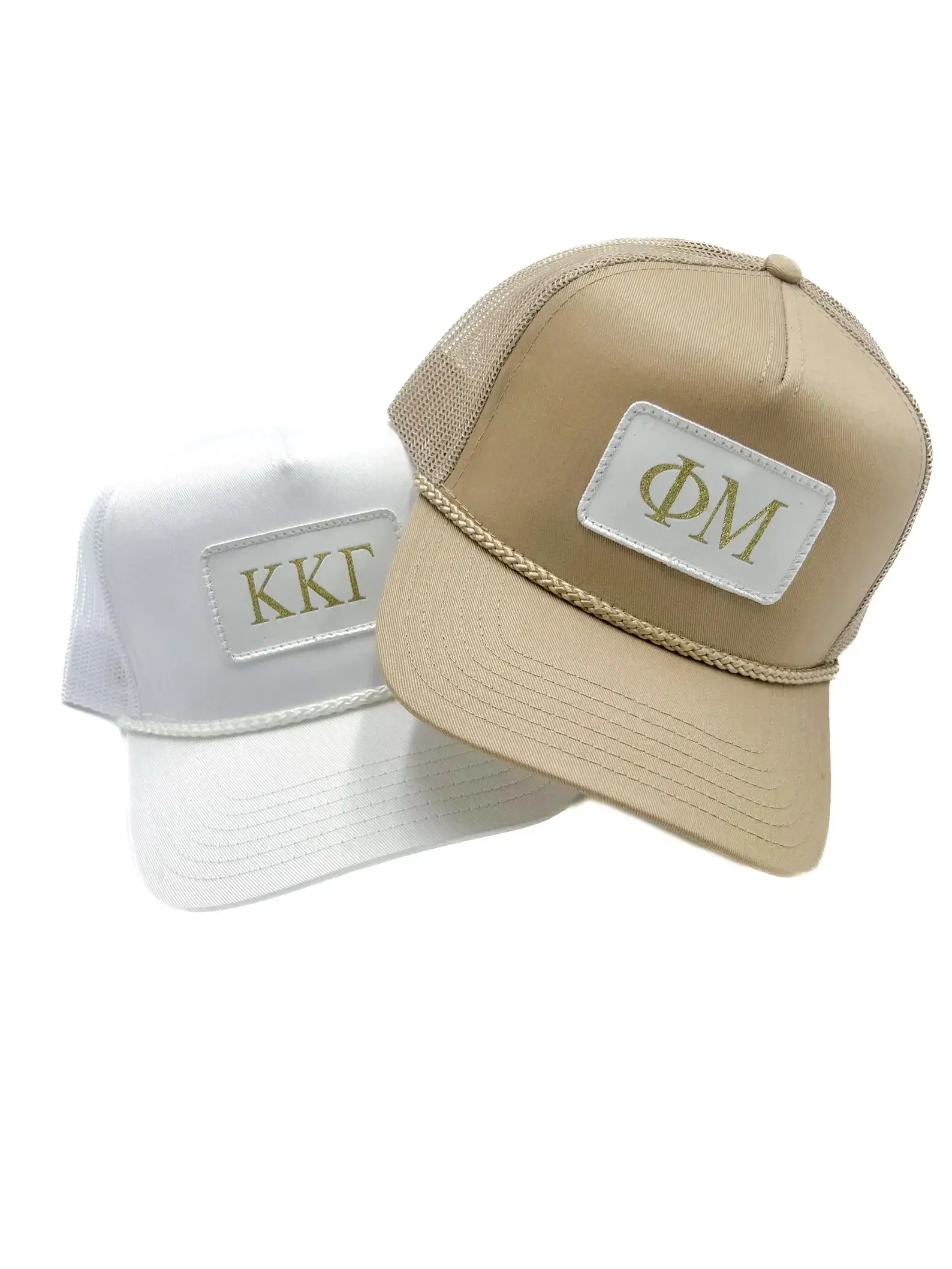 Rachel Brooks Design, LLC - Wholesale Trucker Hat - Women's - Tan Sorority Metallic Gold Patch Trucker Hat1