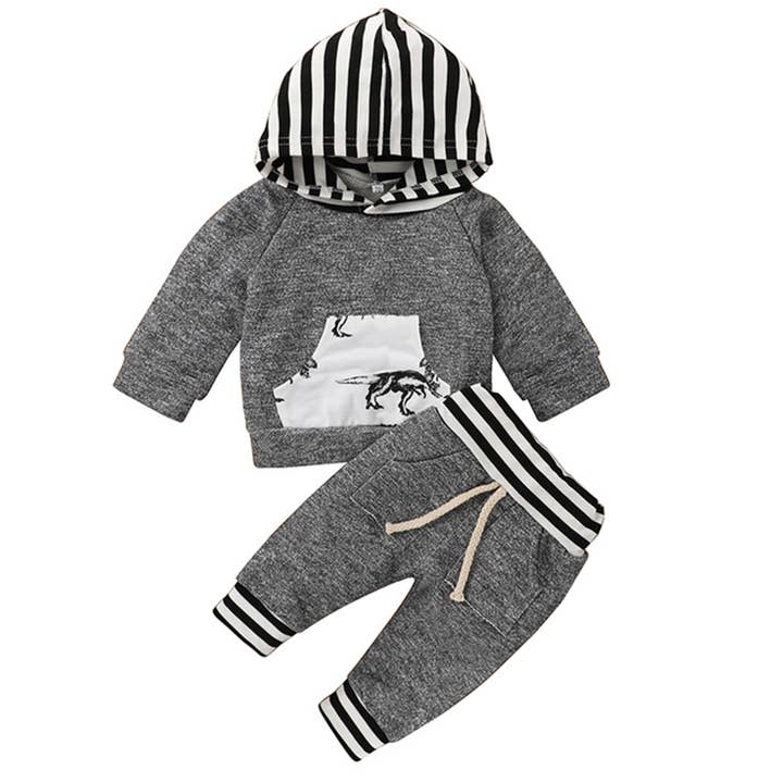 Fennco Styles - Wholesale Top & Pant Set - Kids - Grey Dinosaur Baby Hooded Sweatshirt and Pants