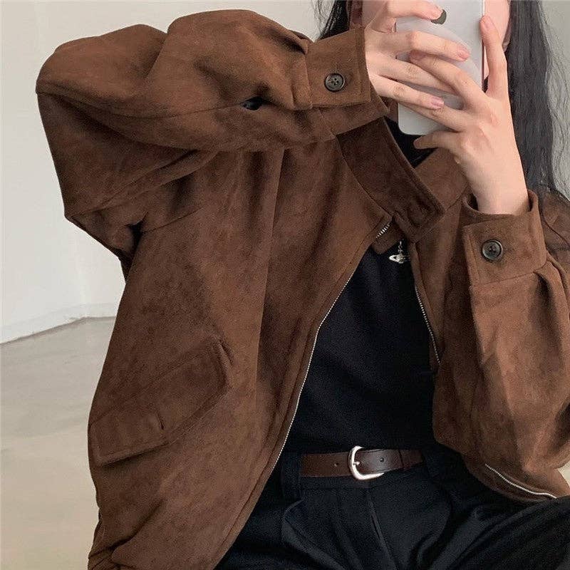 FurDecoration – Großhandel Jacke – Damen – Vintage-Pulloverjacke aus Wildleder mit zwei Reißverschlüssen in Uni-Farbe7