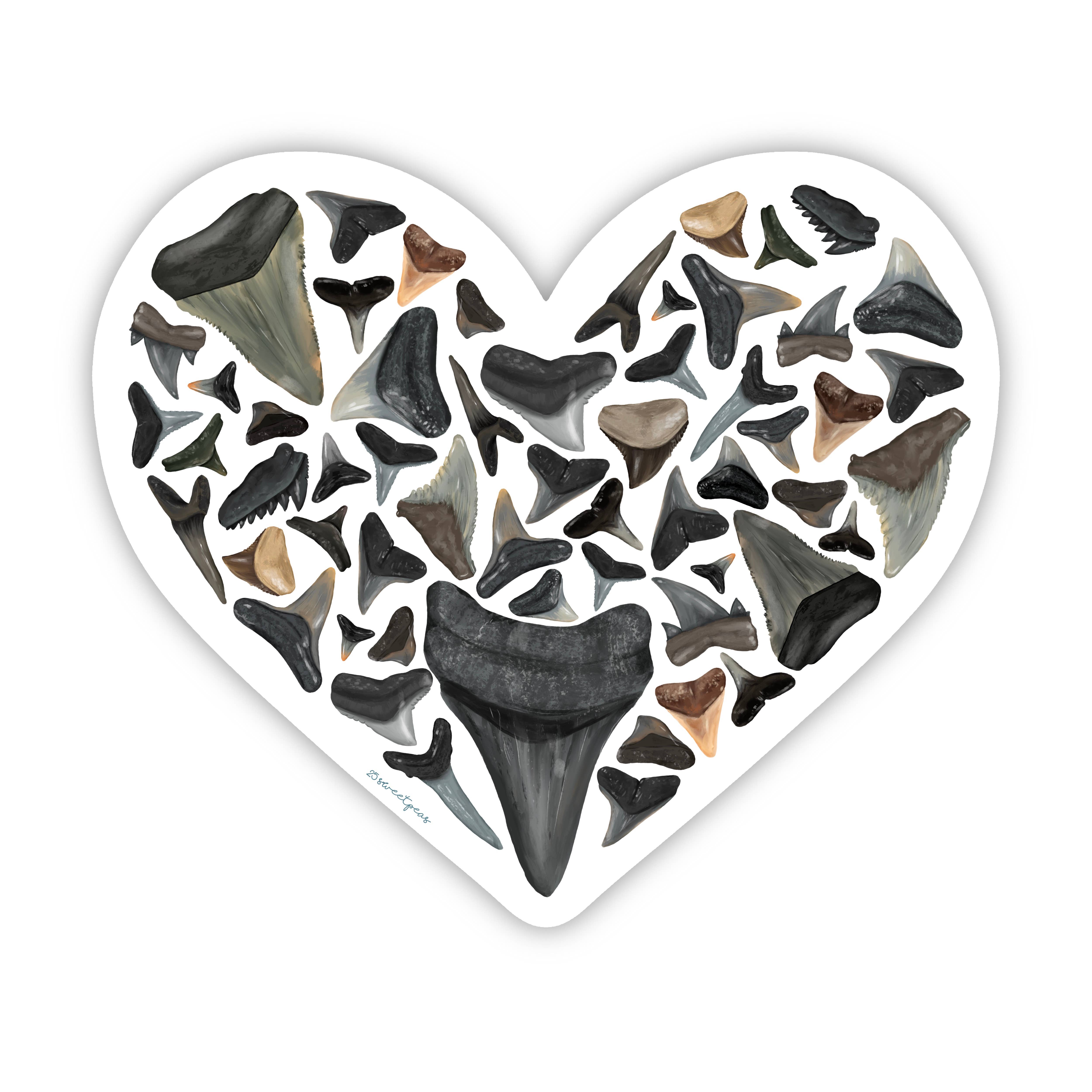 25 Sweetpeas - Wholesale Sticker - Shark Tooth Lover Sticker, Beach Sticker, Shark Tooth Heart1