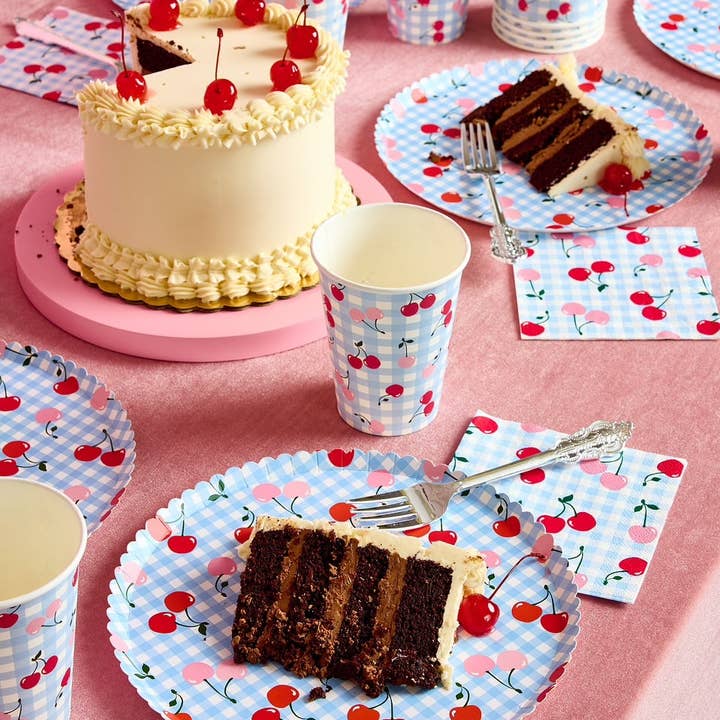 Petit Fetti - Wholesale Disposable Tableware Pack - Cherry Tableware Bundle - paper plates, cups + napkins birthday bday party0