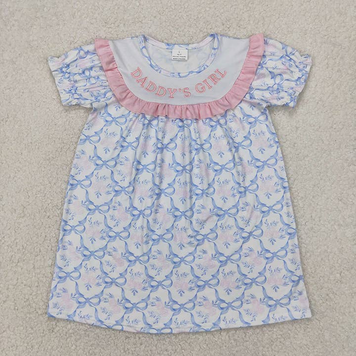 Embroidery Baby Girls Blue Bows DADDY'S GIRL Knee Length Dresses for wholesale by Aier Wholesale