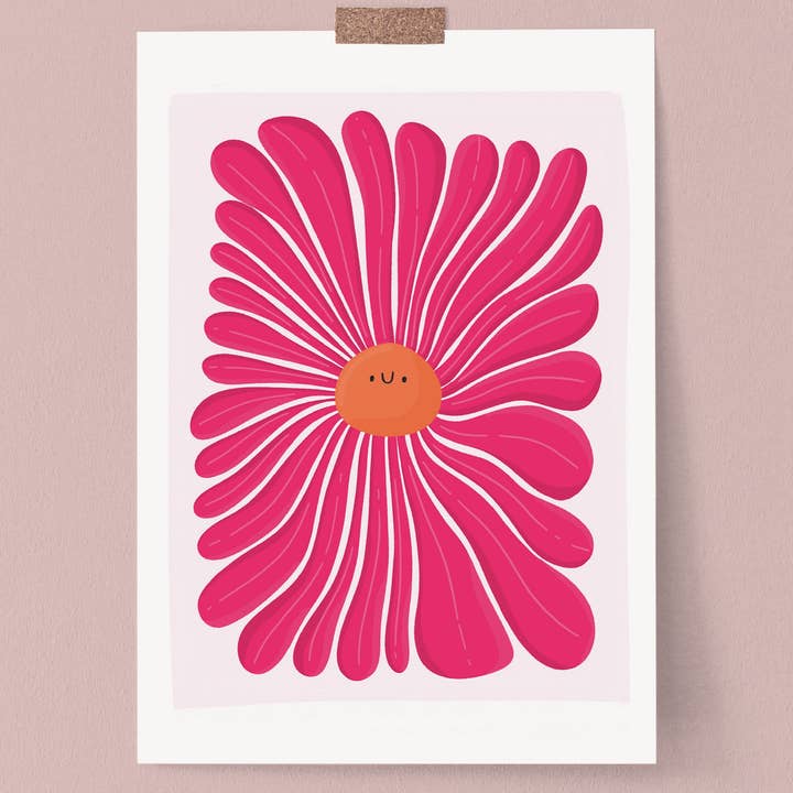 Happy/Sad Pink Flower Wall Art Print for wholesale by Jess Bright Design