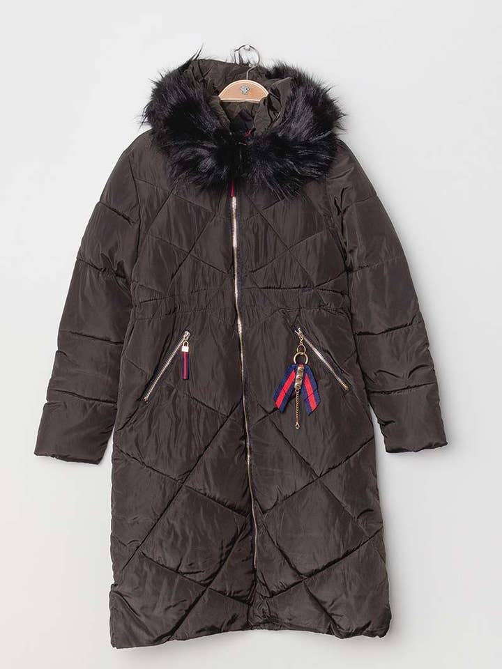 BELLA long coat with fur hood in black for wholesale by MACMAX