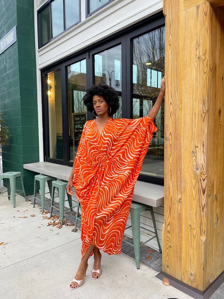 Besida - Wholesale Kaftan - Women's - Ala Orange Hand Dyed African Print Kaftan Dress