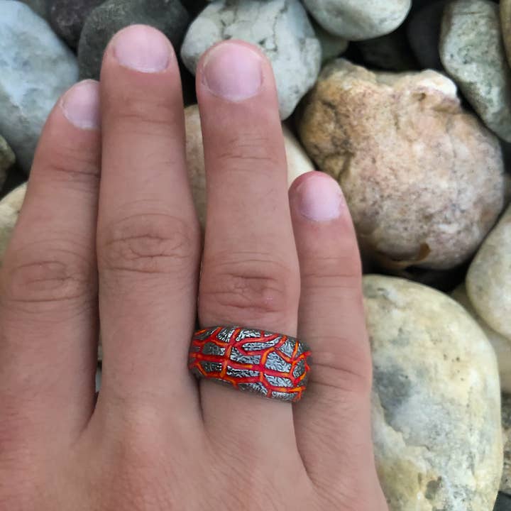 Rivers of Fire Black Rhodium Plated Sterling Silver Textured Red Orange Enamel Band Ring for wholesale by LuvMyJewelry (LMJ)