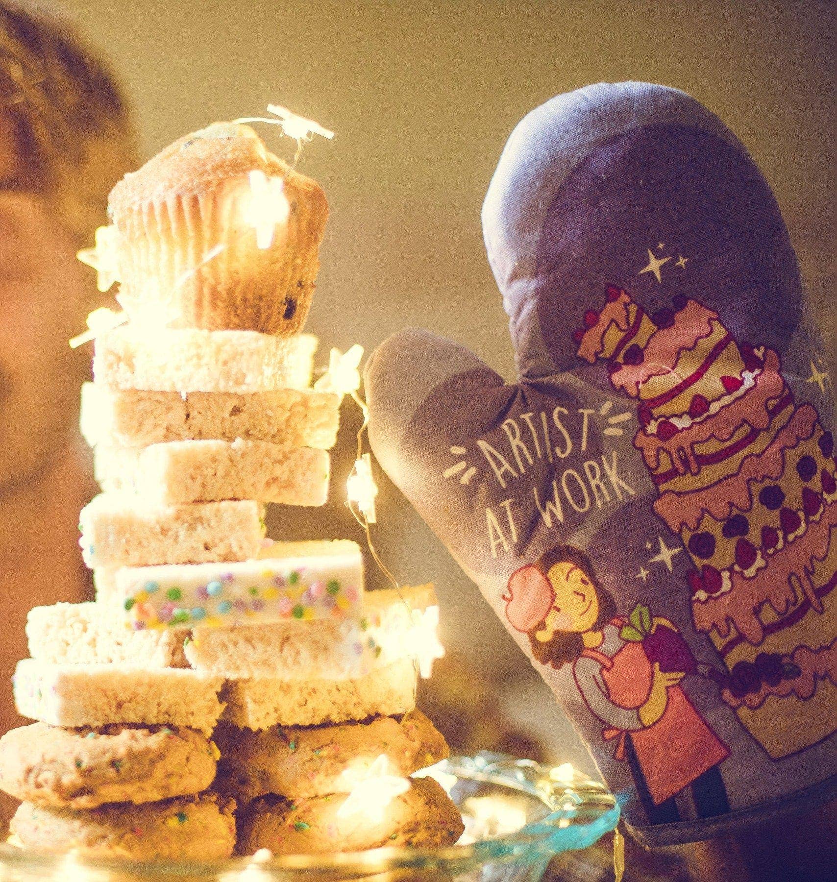 Blue Artist At Work Funny Oven Mitt Crazy Pot Holder Humor for wholesale on Faire2