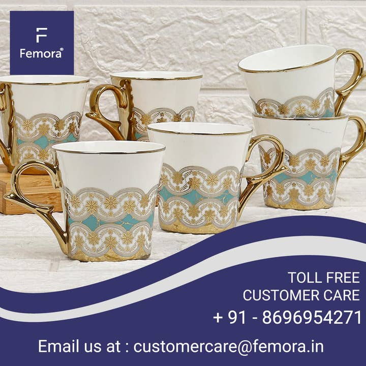 Tazze da tè con motivo turchese reale dorato Femora | 6,09 Oz per la vendita all'ingrosso da parte di Femora