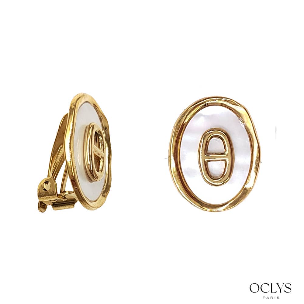 Oclys - Wholesale Clip-On Earrings - Stainless steel clip-on earrings with pearl and M motif0