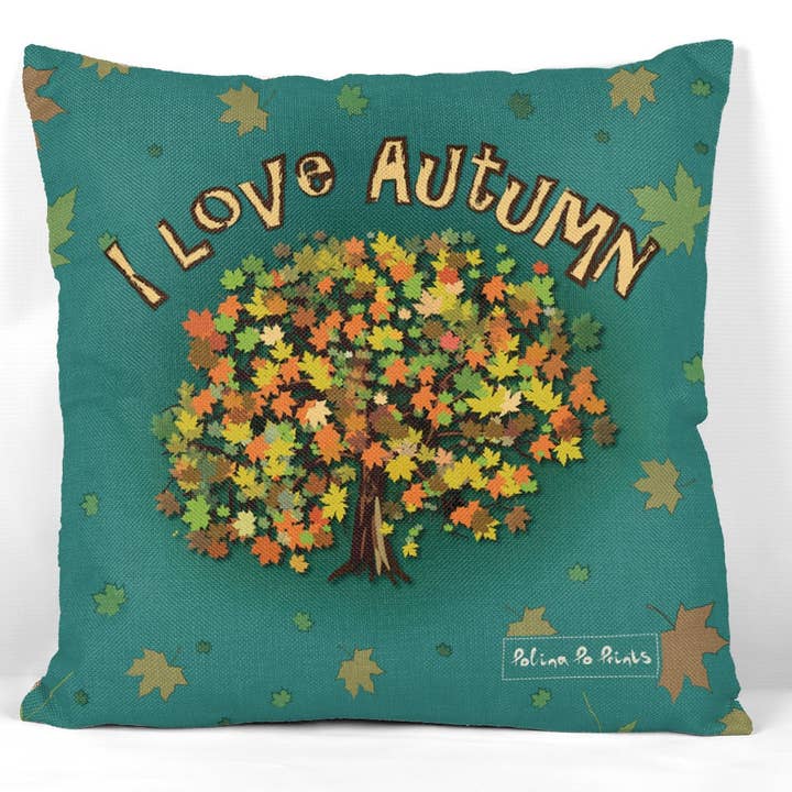 Housse de coussin « Love autumn » bohème avec décoration arbre pour la vente par Polina Po Prints