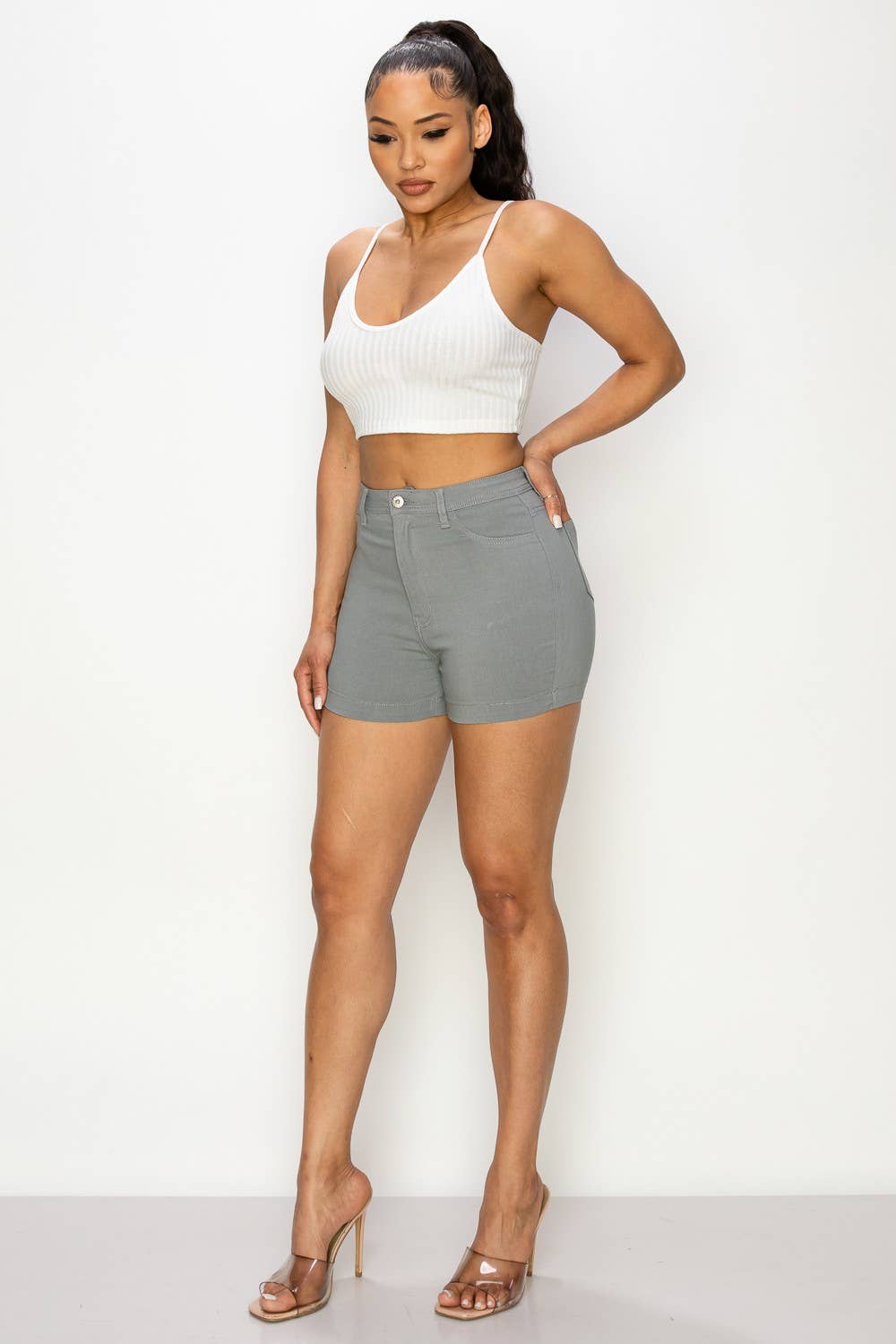 LIGHT GREY SH-300 HIGH WAISTED SUPER-STRETCH WOMEN'S COLORED SHORTS for wholesale on Faire3