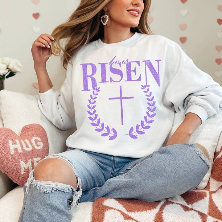 (shirt not included) He Is Risen - in Metallic Amethyst - Screen print Transfer for wholesale by TEELUX