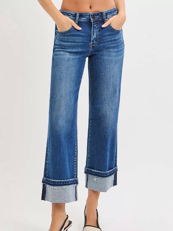 RISEN Mid Rise Ankle Straight Jeans with Cuffed Hem for wholesale by Garden Naked